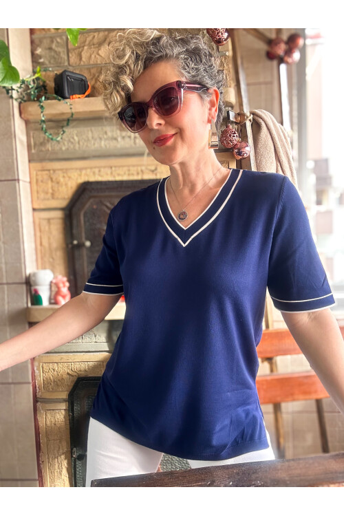 Orfe V Yaka Ve Kol Çizgili Triko Bluz Lacivert