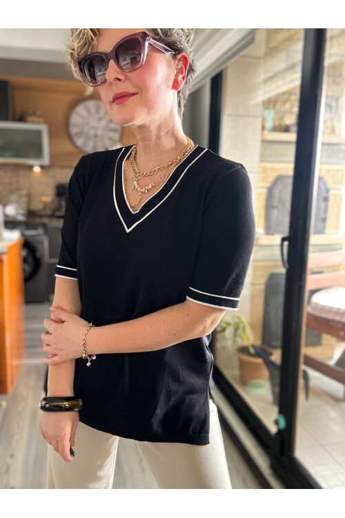 Orfe V Yaka Ve Kol Çizgili Triko Bluz Siyah