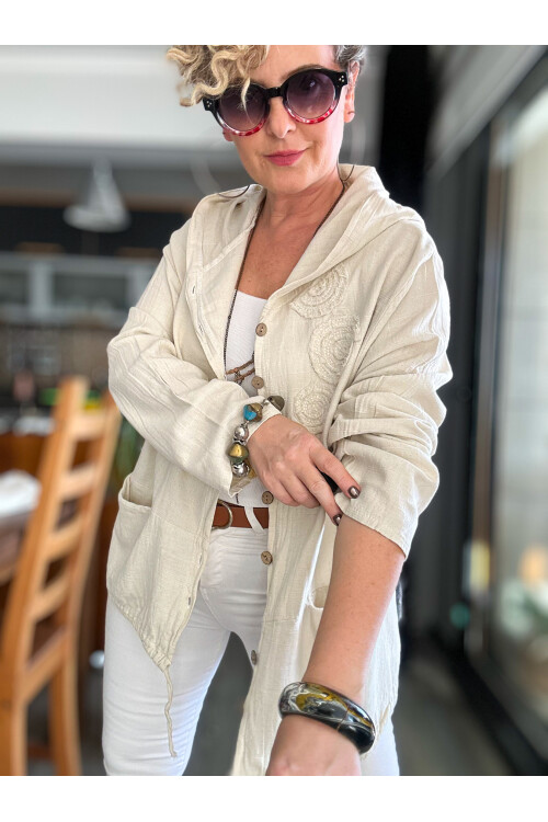 Papel Nakış Detaylı İpli Kapşonlu Hırka Ceket Ekru