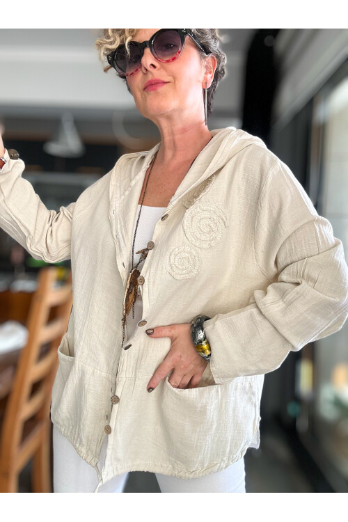 Papel Nakış Detaylı İpli Kapşonlu Hırka Ceket Ekru