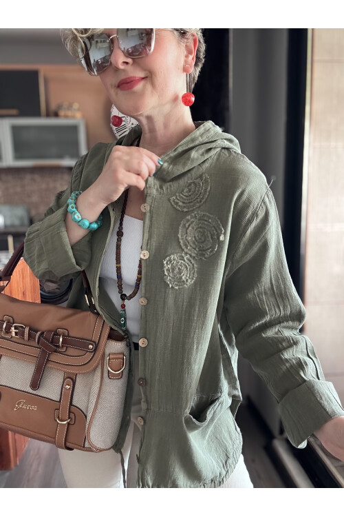 Papel Nakış Detaylı İpli Kapşonlu Hırka Ceket Haki