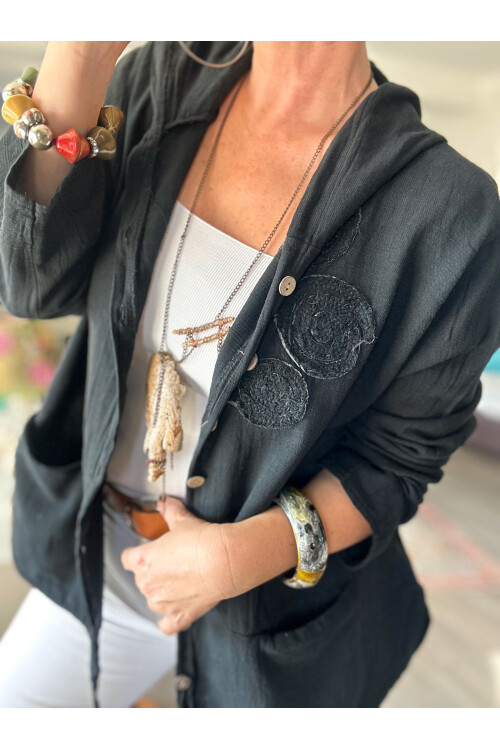 Papel Nakış Detaylı İpli Kapşonlu Hırka Ceket Siyah