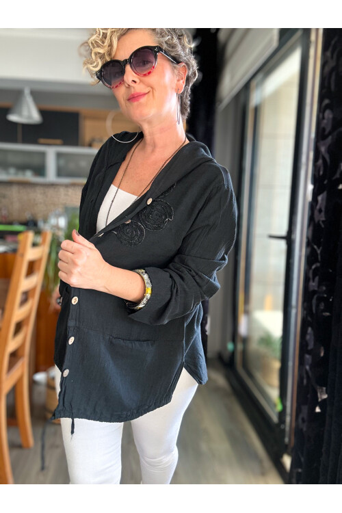 Papel Nakış Detaylı İpli Kapşonlu Hırka Ceket Siyah