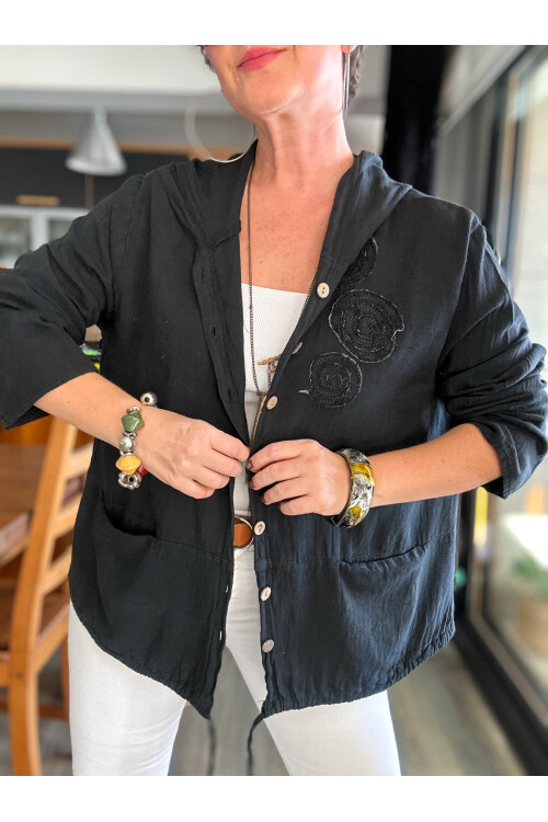 Papel Nakış Detaylı İpli Kapşonlu Hırka Ceket Siyah