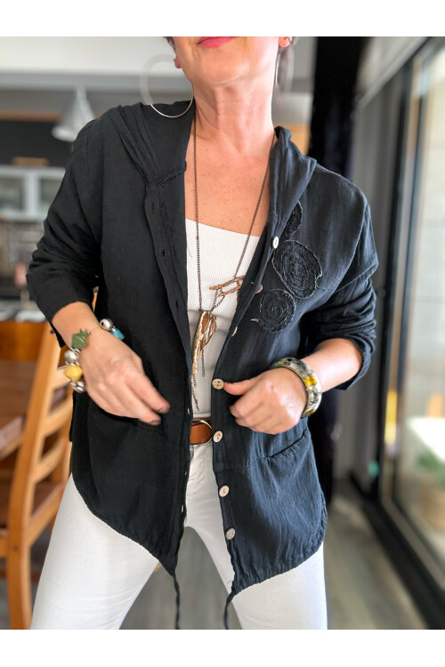 Papel Nakış Detaylı İpli Kapşonlu Hırka Ceket Siyah