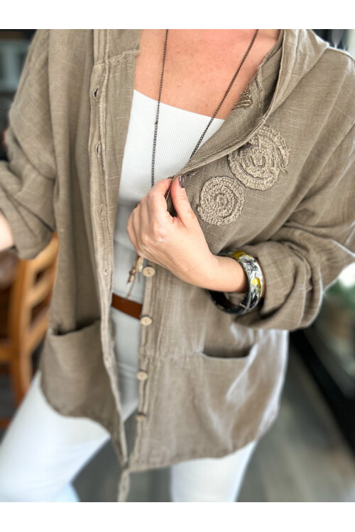 Papel Nakış Detaylı İpli Kapşonlu Hırka Ceket Vizon