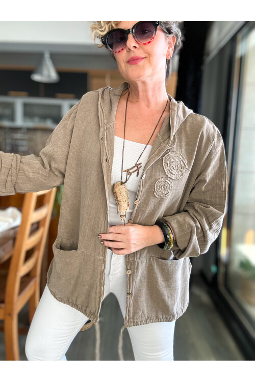 Papel Nakış Detaylı İpli Kapşonlu Hırka Ceket Vizon