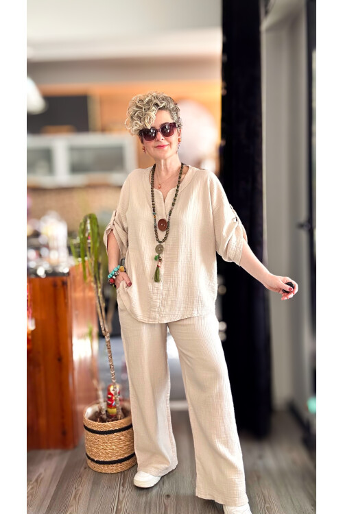 Passero Müslin Tahta Düğmeli Bluz Pantolon Takım Bej