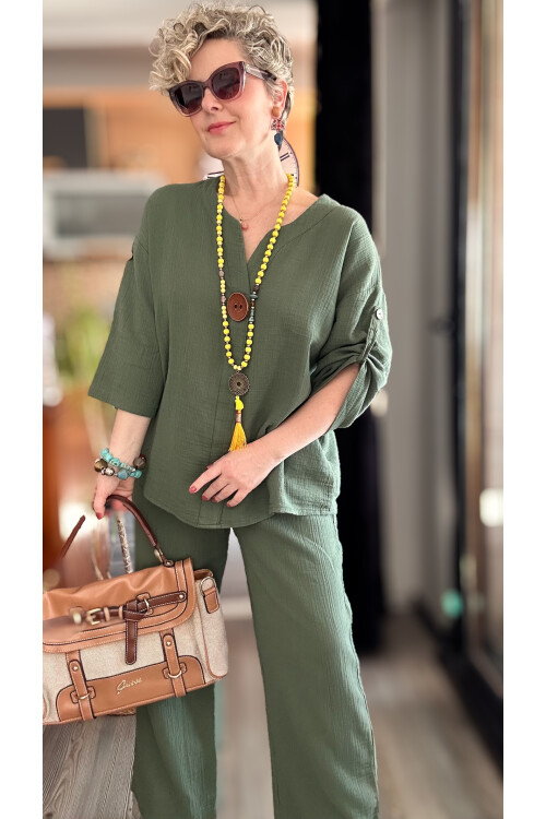 Passero Müslin Tahta Düğmeli Bluz Pantolon Takım Haki Yeşil
