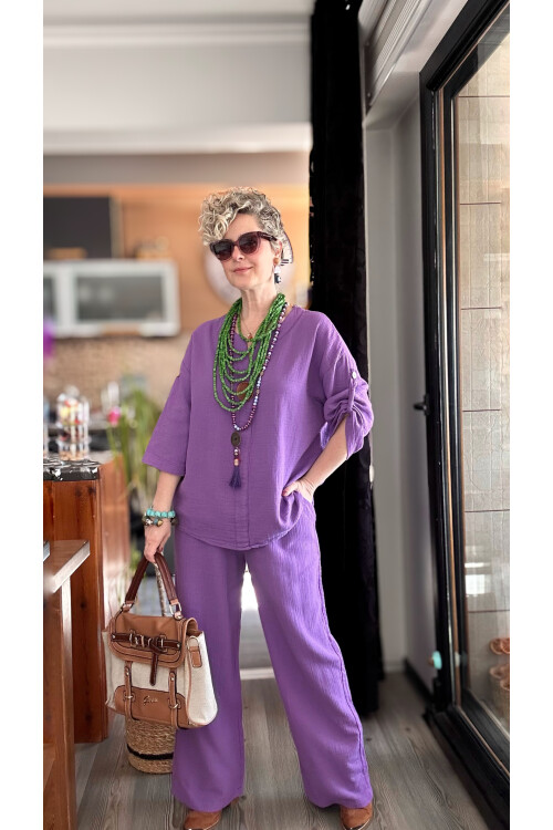 Passero Müslin Tahta Düğmeli Bluz Pantolon Takım Mor