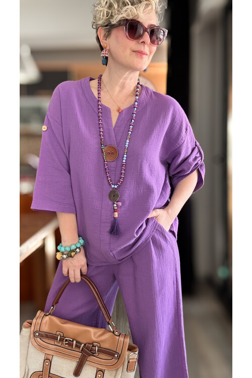 Passero Müslin Tahta Düğmeli Bluz Pantolon Takım Mor