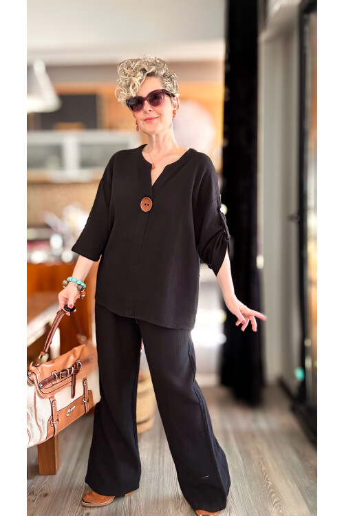 Passero Müslin Tahta Düğmeli Bluz Pantolon Takım Siyah