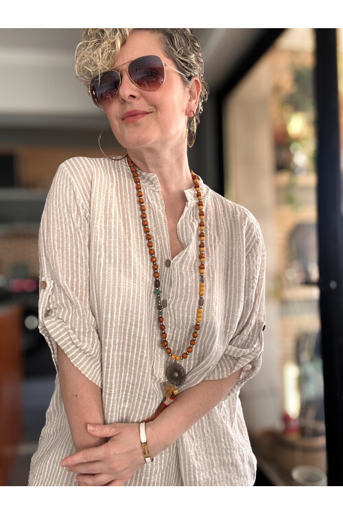 Patto Çizgi Desen İtalyan Gömlek Beige