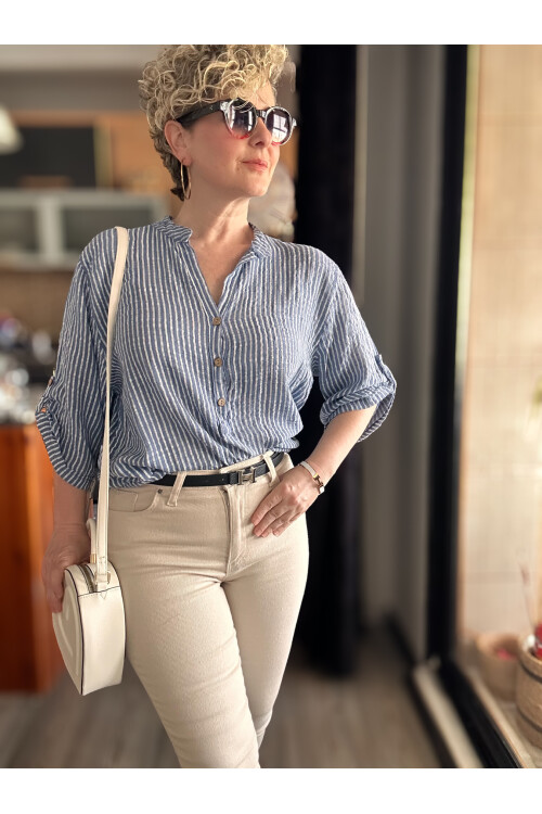 Patto Çizgi Desen İtalyan Gömlek Jeans Mavi