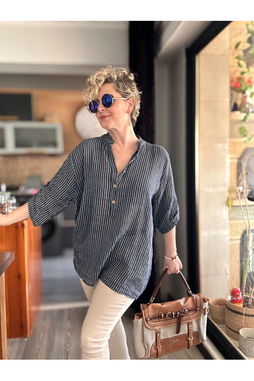 Patto Çizgi Desen İtalyan Gömlek Navy