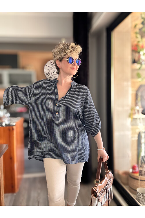 Patto Çizgi Desen İtalyan Gömlek Navy