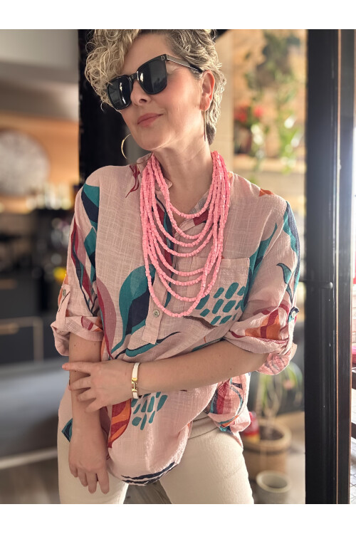 Pavvi Lotus Desen İtalyan Gömlek Açık Pembe