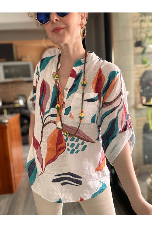 Pavvi Lotus Desen İtalyan Gömlek Beyaz