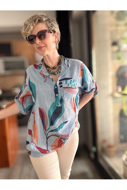 Pavvi Lotus Desen İtalyan Gömlek Mavi