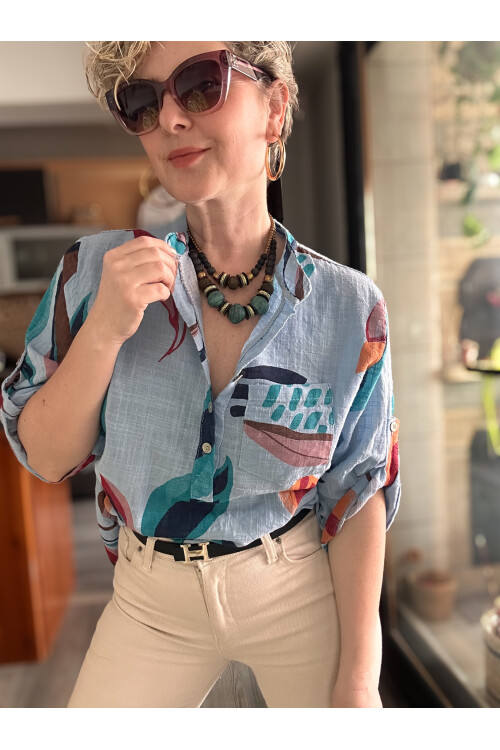 Pavvi Lotus Desen İtalyan Gömlek Mavi