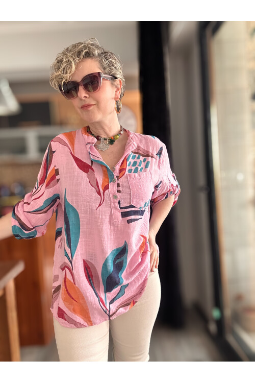 Pavvi Lotus Desen İtalyan Gömlek Pembe