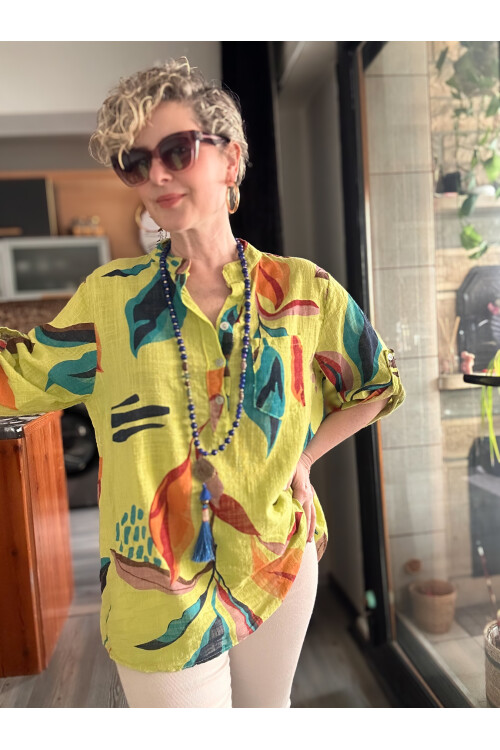 Pavvi Lotus Desen İtalyan Gömlek Sarı