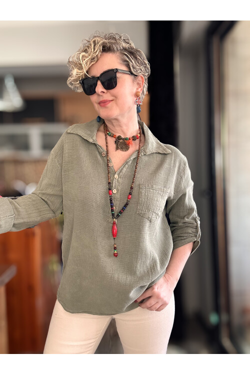 Pelas Tasarım Petek Doku Yakalı Gömlek Haki