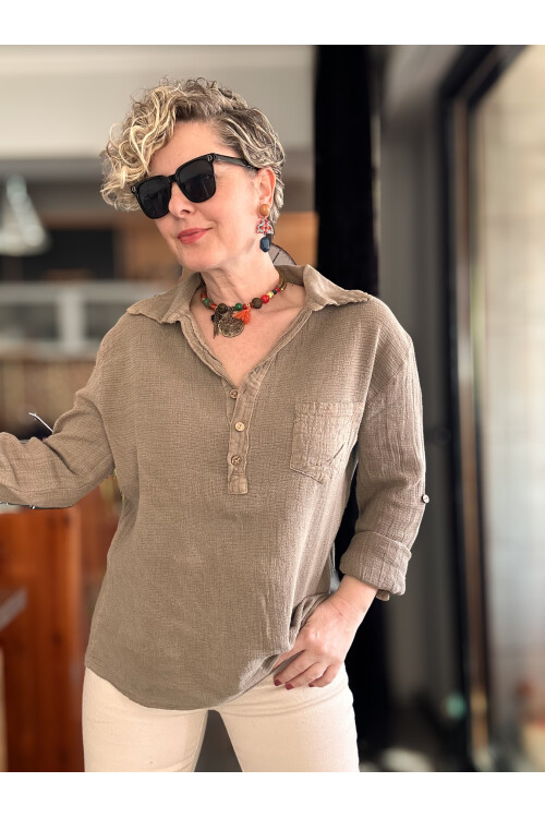 Pelas Tasarım Petek Doku Yakalı Gömlek Vizon