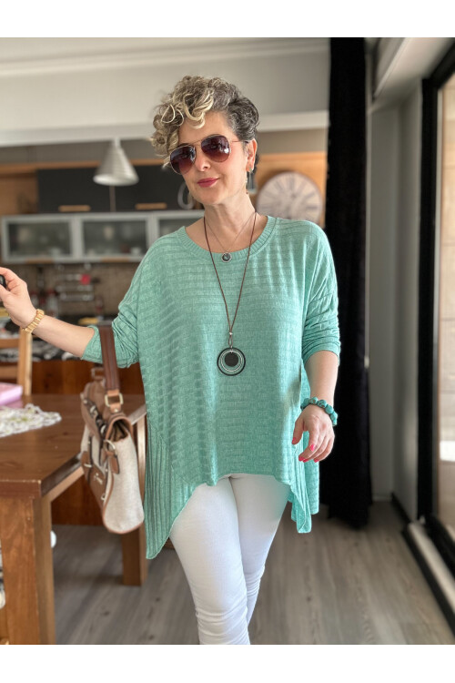 Pelle İtalyan Kolyeli Fitil Desen Bluz Su Yeşili