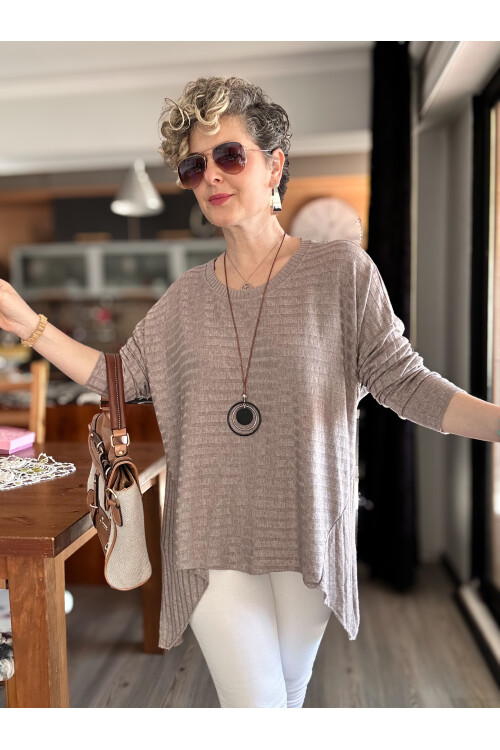 Pelle İtalyan Kolyeli Fitil Desen Bluz Vizon