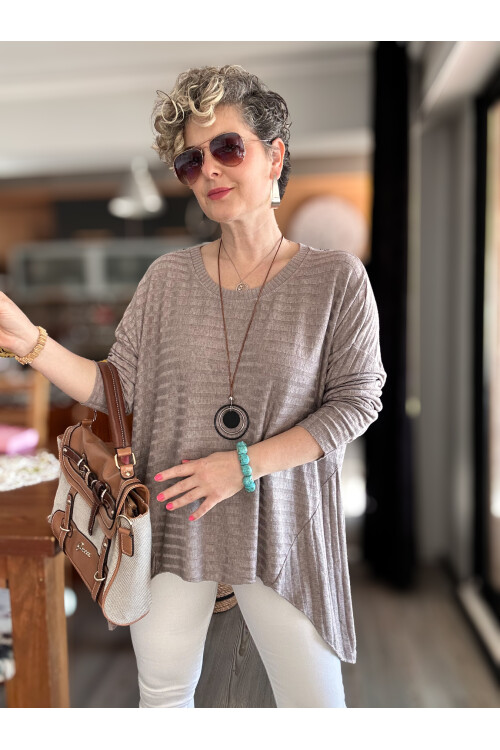 Pelle İtalyan Kolyeli Fitil Desen Bluz Vizon