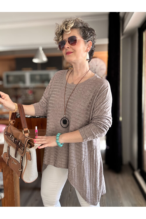 Pelle İtalyan Kolyeli Fitil Desen Bluz Vizon