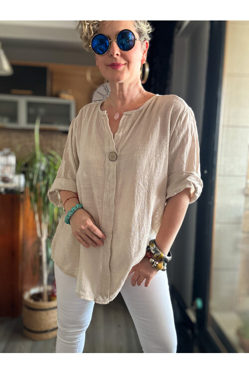 Peppino İtalyan Tahta Düğme Detay Bluz Bej