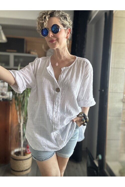 Peppino İtalyan Tahta Düğme Detay Bluz Beyaz