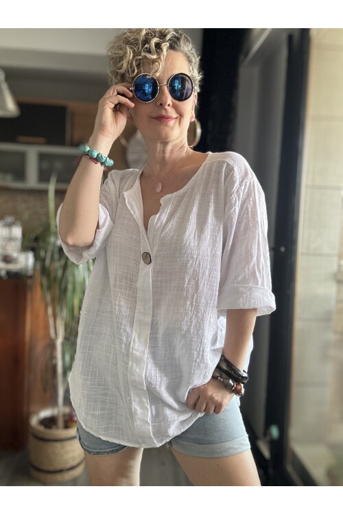 Peppino İtalyan Tahta Düğme Detay Bluz Beyaz