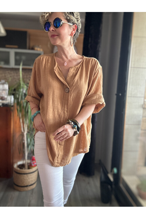 Peppino İtalyan Tahta Düğme Detay Bluz Cappucino