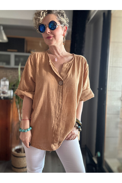 Peppino İtalyan Tahta Düğme Detay Bluz Cappucino