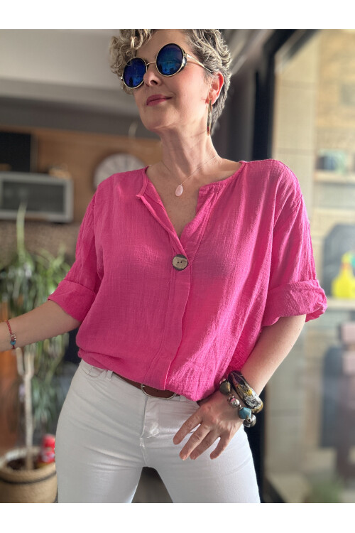 Peppino İtalyan Tahta Düğme Detay Bluz Fuşya