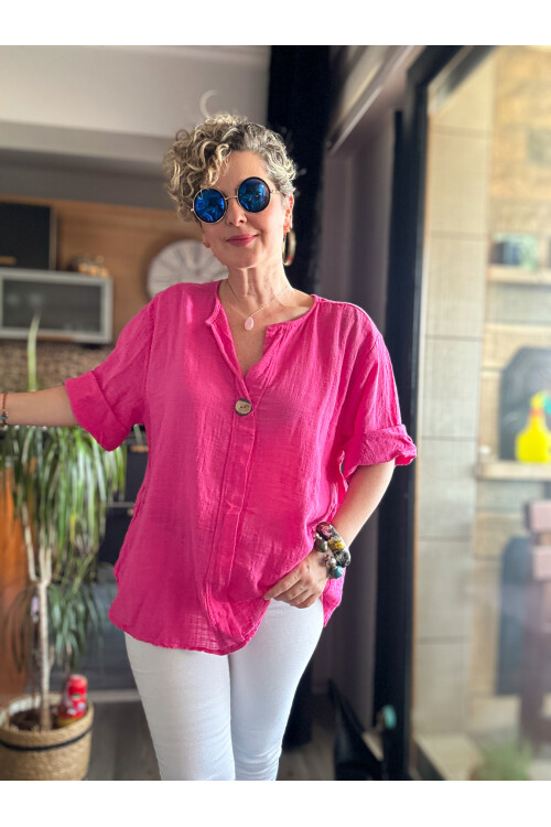 Peppino İtalyan Tahta Düğme Detay Bluz Fuşya