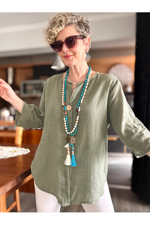 Peppino İtalyan Tahta Düğme Detay Bluz Haki