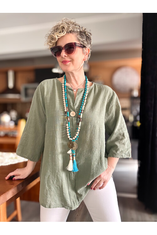 Peppino İtalyan Tahta Düğme Detay Bluz Haki