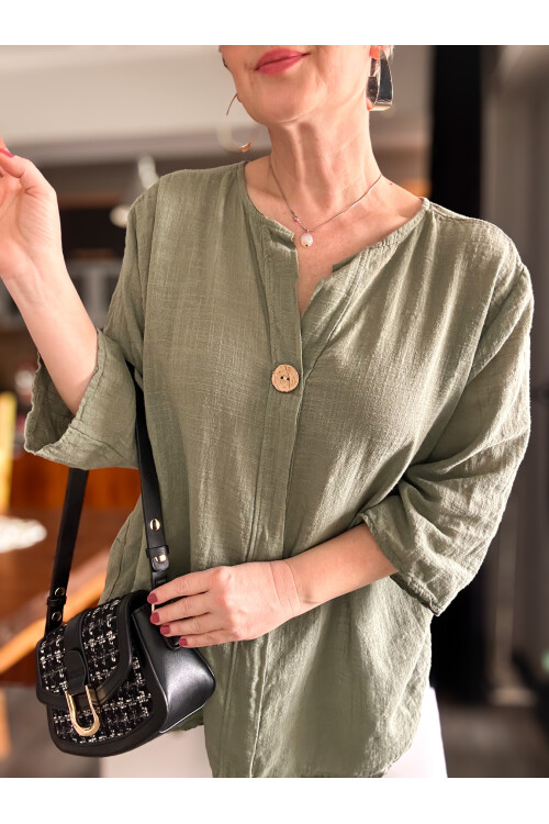 Peppino İtalyan Tahta Düğme Detay Bluz Haki