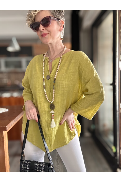 Peppino İtalyan Tahta Düğme Detay Bluz Hardal