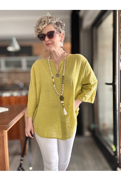 Peppino İtalyan Tahta Düğme Detay Bluz Hardal