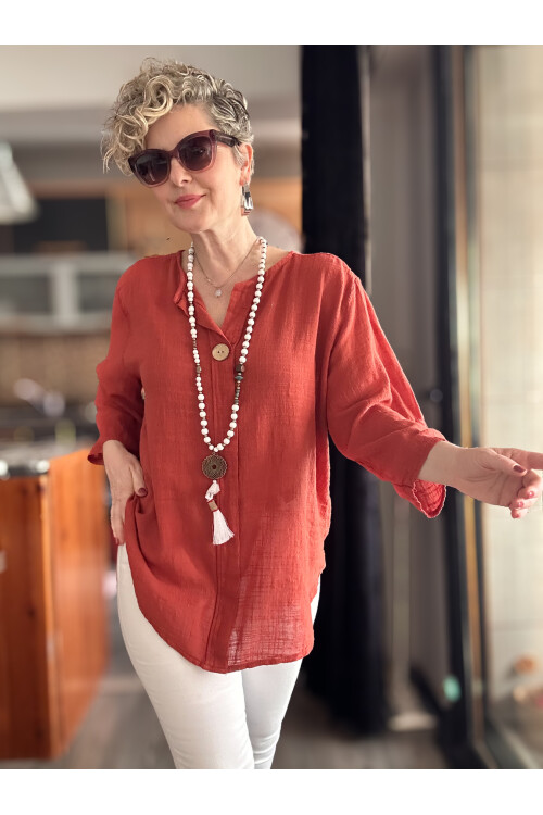 Peppino İtalyan Tahta Düğme Detay Bluz Kiremit