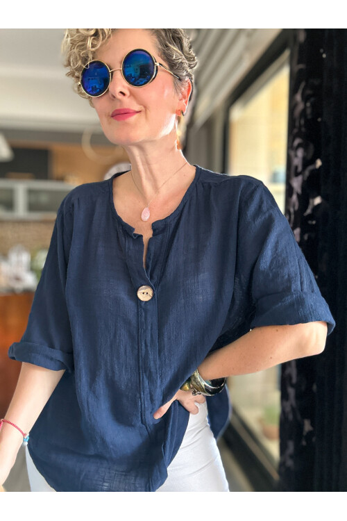 Peppino İtalyan Tahta Düğme Detay Bluz Lacivert