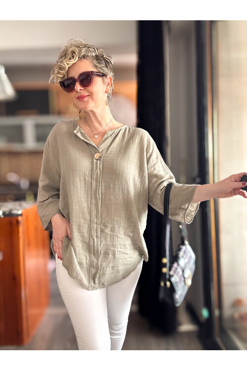 Peppino İtalyan Tahta Düğme Detay Bluz Vizon