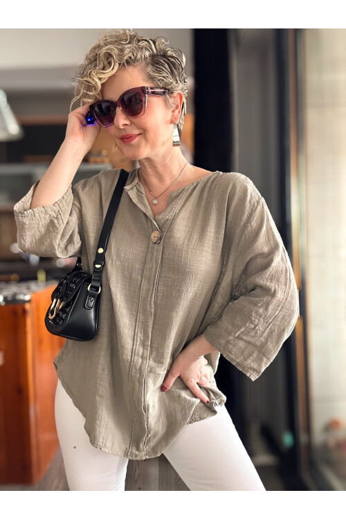 Peppino İtalyan Tahta Düğme Detay Bluz Vizon