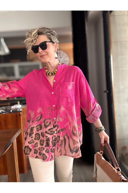 Pezzi VİP Leopar Desen İtalyan Gömlek Fuşya