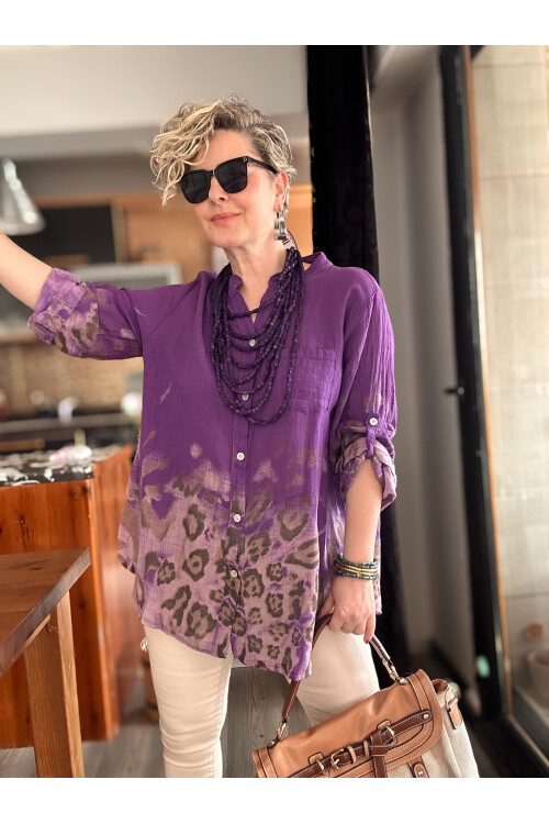 Pezzi VİP Leopar Desen İtalyan Gömlek Mor